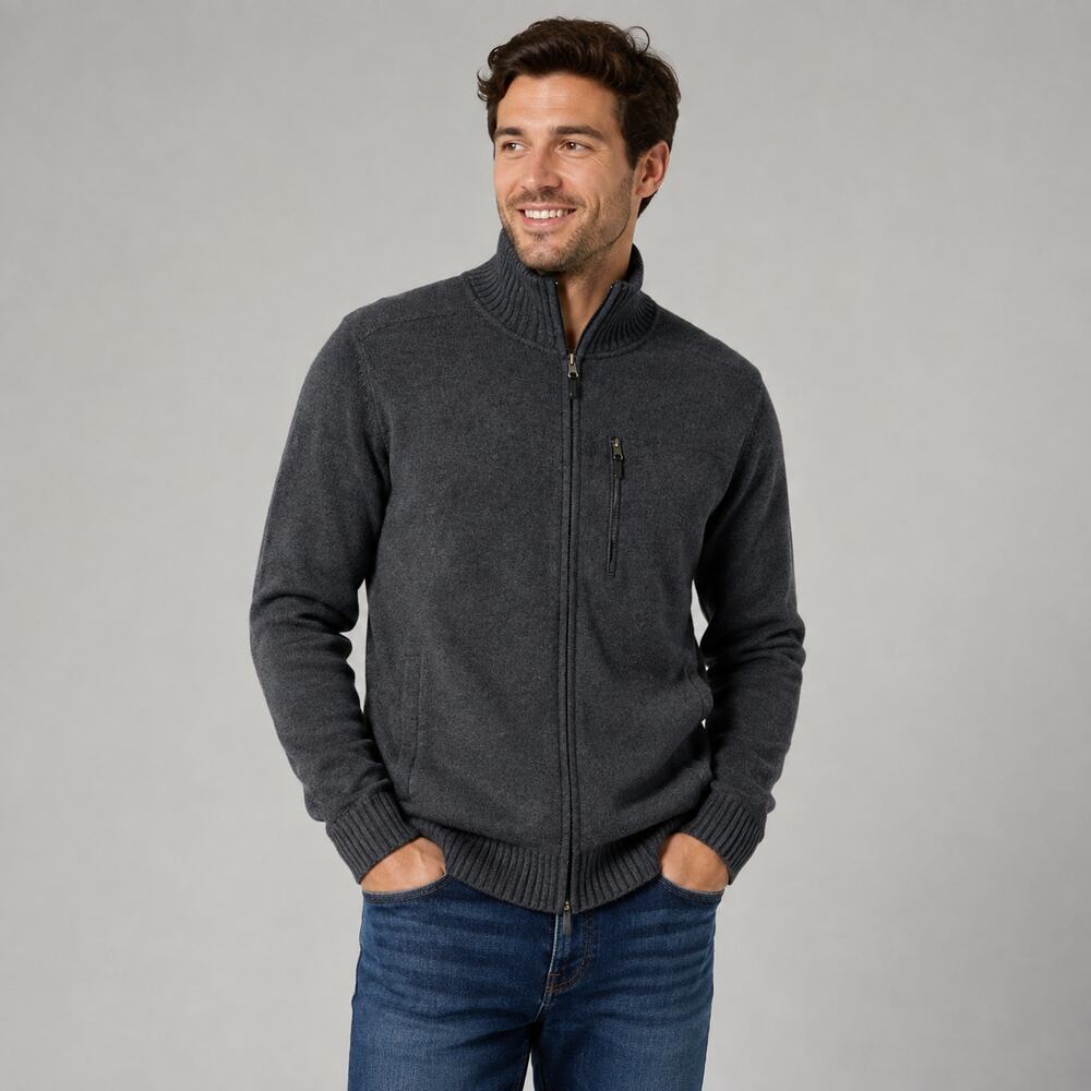 Calvin Klein CK Men L Gray Full Zip Sweater Jacket Cotton Blend Zip Pockets